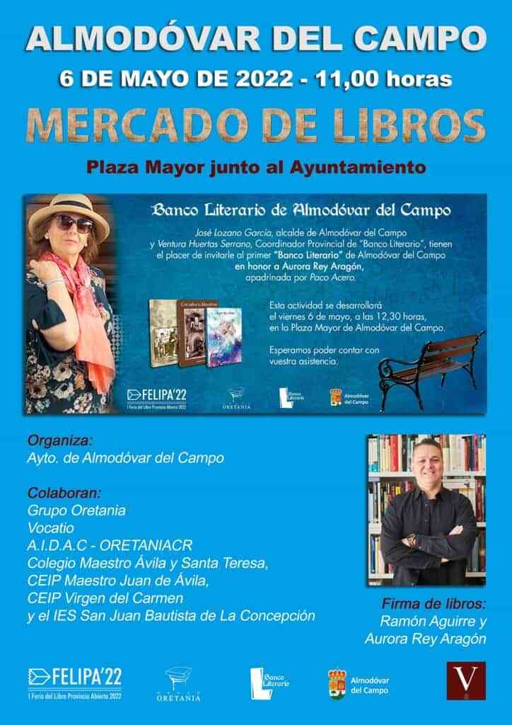 Cartel mercado de libros almodovar del campo - El viernes día 6 de mayo, se nombrará ‘Banco Literario’ de Almodóvar del Campo a la escritora Aurora Rey