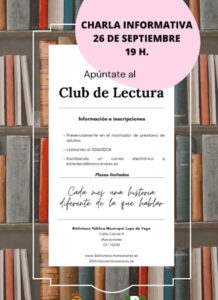 Club de lectura charla informativa el 26 de septiembre a las 19 h  en la Biblioteca Municipal «Lope de Vega» de Manzanares