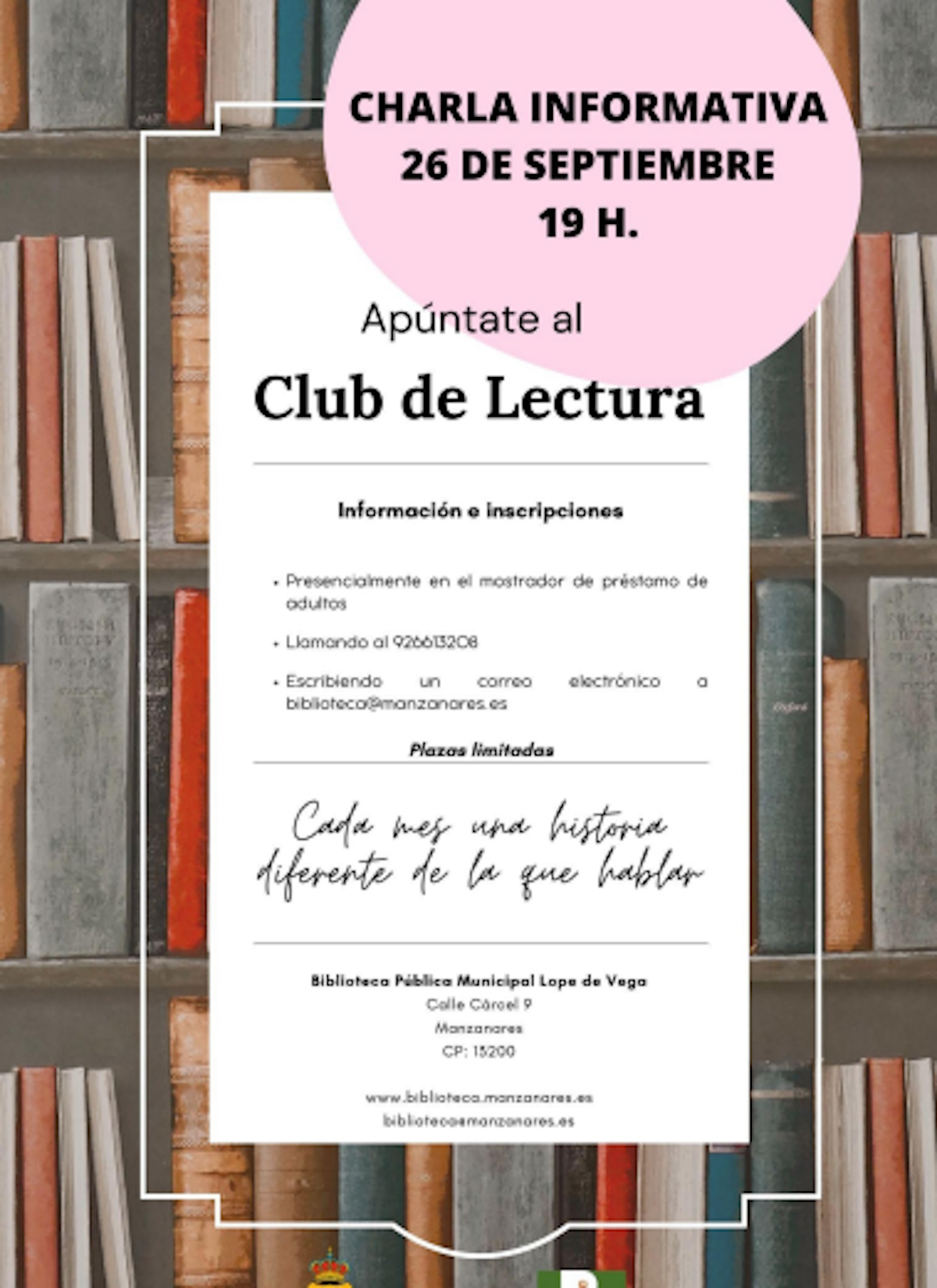 club lectura manzanares - Club de lectura charla informativa el 26 de septiembre a las 19 h  en la Biblioteca Municipal «Lope de Vega» de Manzanares