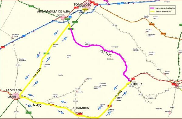 Cierre de la carretera CM-3115 entre Argamasilla de Alba y Ruidera por obras este martes y miércoles